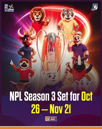 Official Nepal Premier League NPL Season 3 championship trophy and team mascots poster