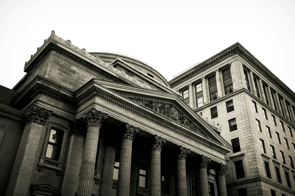 Institutional corporate headquarters building in metropolitan financial district