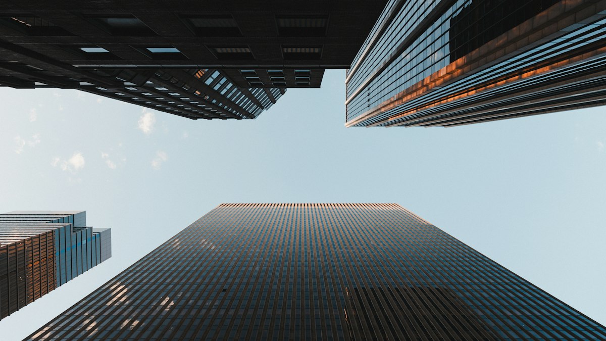 Looking Up at Metropolitan Skyscrapers from Ground Level
