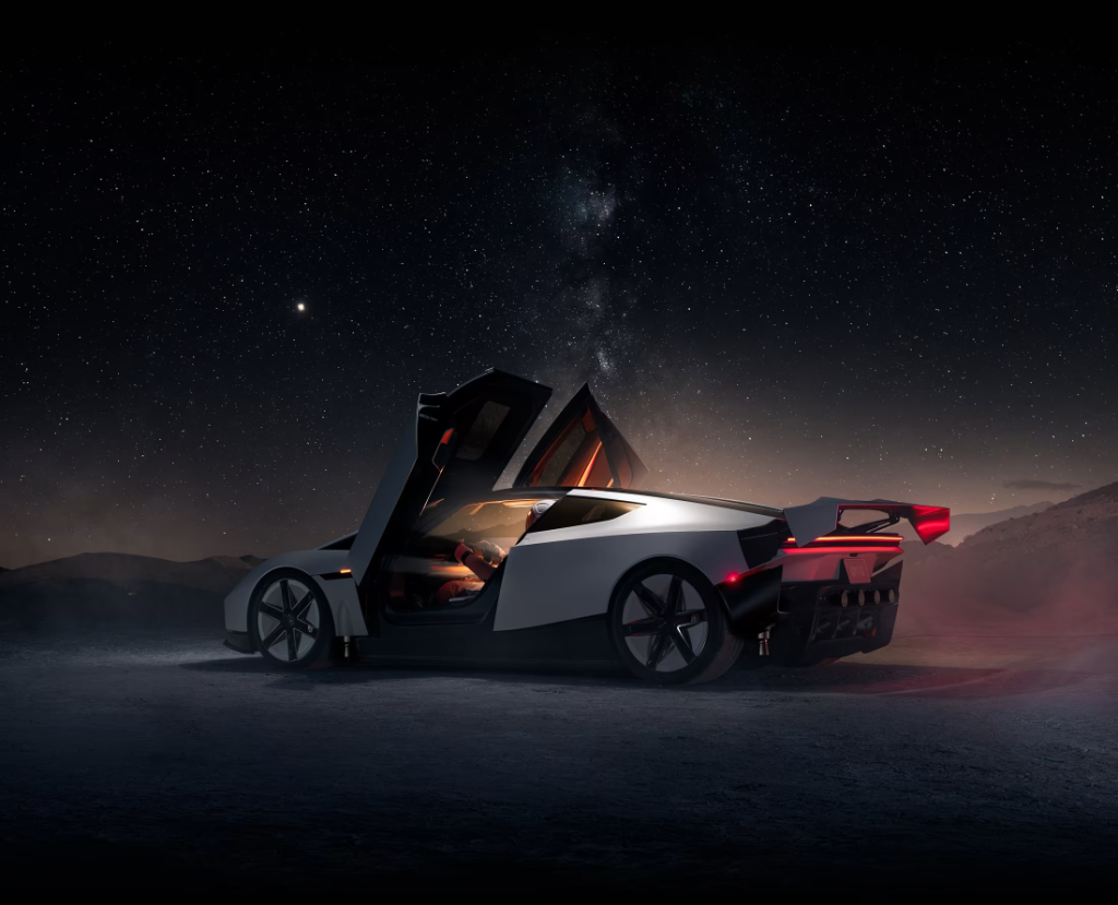 Tesla Roadster Dihedral Doors Under Starry Night Sky
